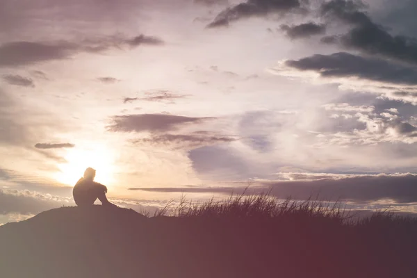 Sad Boy Silhouette Worried Meadow Sunset Silhouette Concept — стоковое фото