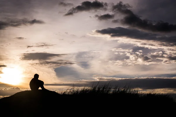 Sad Boy Silhouette Worried Meadow Sunset Silhouette Concept — стоковое фото