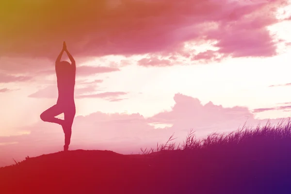 Silueta Yoga Aire Libre Sobre Naturaleza —  Fotos de Stock