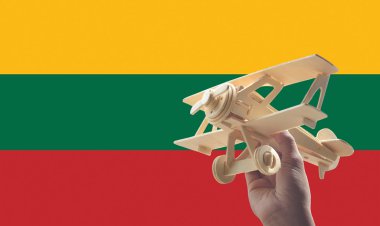 Uçak Uçak Litvanya bayrağı, seyahat kavramı üzerinde tutan el