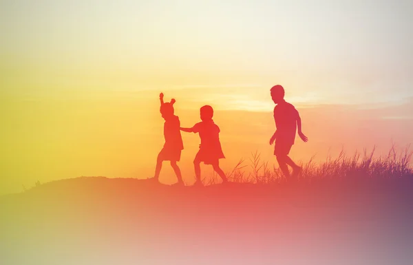 Silhouette Children Playing Happy Time Sunset — Stock Photo, Image