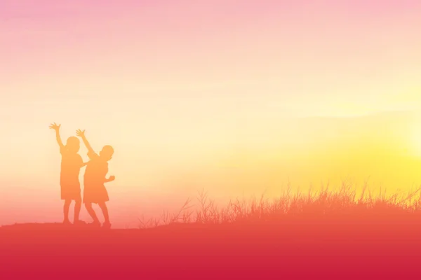 Silhouette Children Playing Happy Time Sunset — Stock Photo, Image