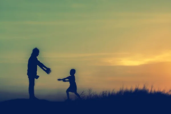 Mutter Ermutigte Ihren Sohn Bei Sonnenuntergang Freien Silhouettenkonzept — Stockfoto