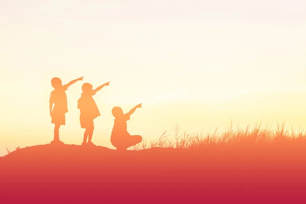 Silhouet Kinderen Spelen Gelukkige Tijd Bij Zonsondergang — Stockfoto