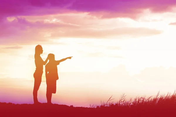 Mother Encouraged Her Son Outdoors Sunset Silhouette Concept — Stock Photo, Image