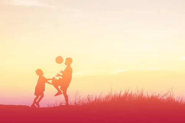 Boys Playing Football Sunset Silhouette Concept — Stock Photo, Image