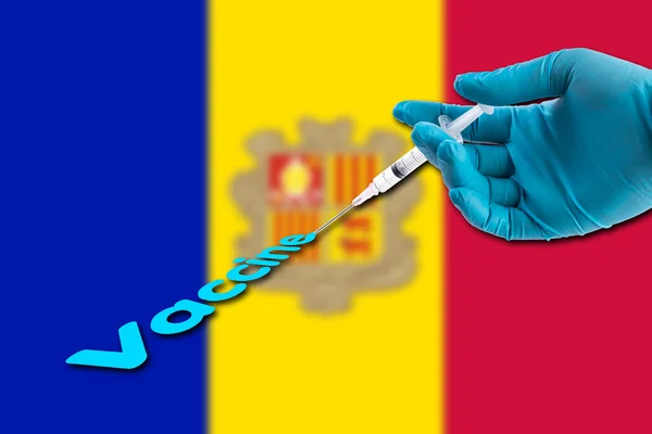 Hand Blå Handske Innehav Spruta Injicerar Vaccinet Text Andorra Flagga — Stockfoto