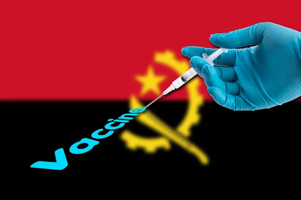 Hand Blue Glove Holding Syringe Inject Vaccine Text Angola Flag — Stock Photo, Image