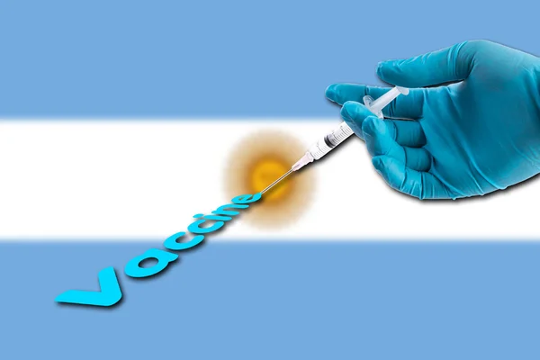 Hand Blue Glove Holding Syringe Inject Vaccine Text Argentina Flag — Stock Photo, Image