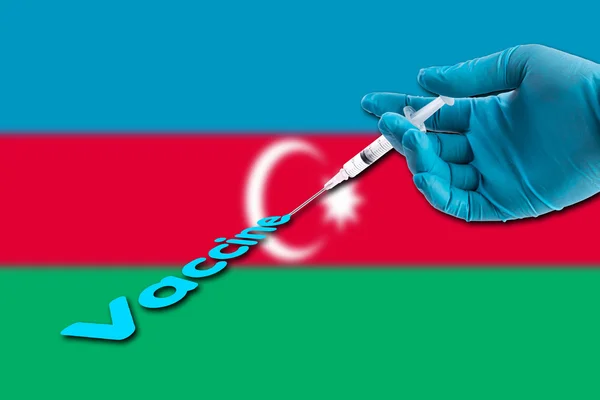 Mână Într Mănușă Albastră Care Deține Seringă Injectați Text Vaccin — Fotografie, imagine de stoc