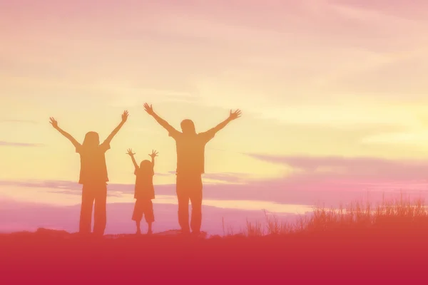 Silueta Una Familia Feliz Atardecer Feliz — Foto de Stock