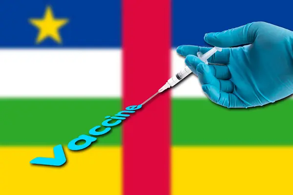 Ruka Injekční Stříkačce Hospodářství Modré Rukavice Injekci Vakcíny Text Pozadí — Stock fotografie