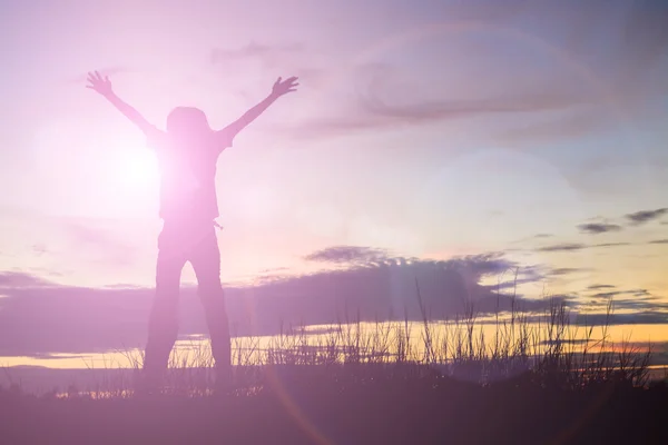 Silhouette Una Bella Ragazza Che Salta — Foto Stock