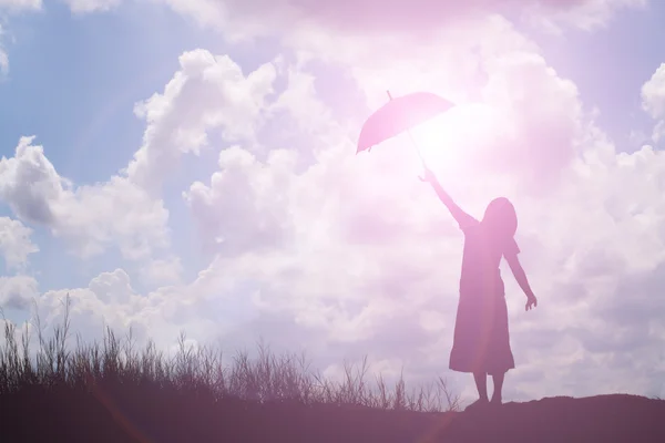 Silhouette Woman Holding Umbrella Sunny Day — Stock Photo, Image