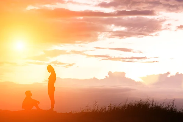 Madre Animó Hijo Aire Libre Atardecer Concepto Silueta — Foto de Stock