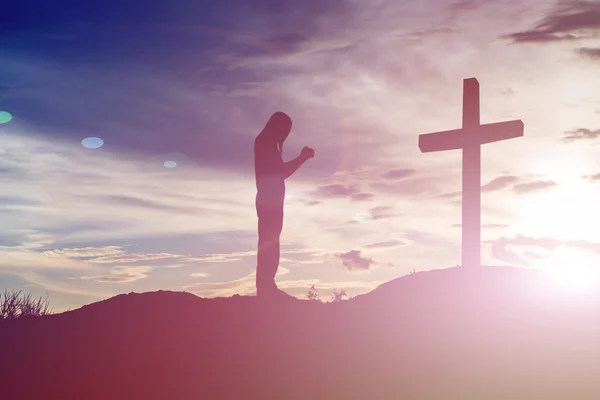Woman Pray Cross Silhouette God Concept — Stock Photo, Image
