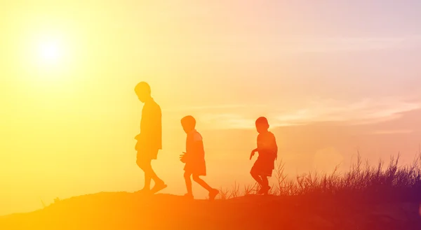 Silhouet Kinderen Spelen Gelukkige Tijd Bij Zonsondergang — Stockfoto