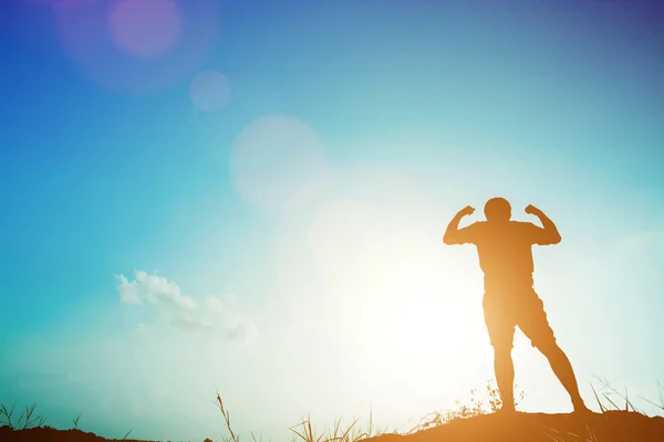 Il pugno di silhouette dell'uomo mostra il successo — Foto Stock