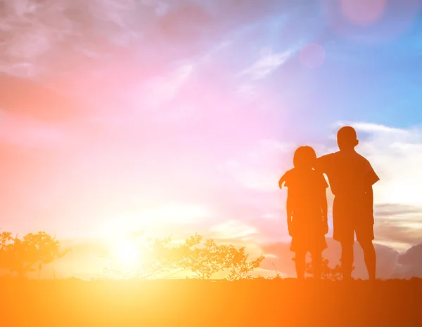 Brother and sister to cheer. On a beautiful day, Silhouette conc — Stock Photo, Image