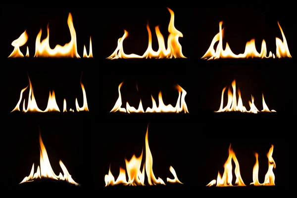 Fire flames collection isolated on black background. — Stock Photo, Image