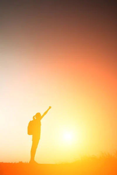 Silhouette woman with backpack walking to travel — Stock Photo, Image