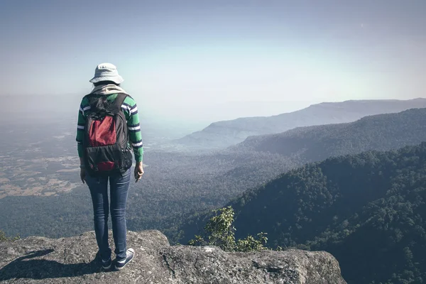 Joven turista con mochila vista al valle desde arriba — Foto de Stock