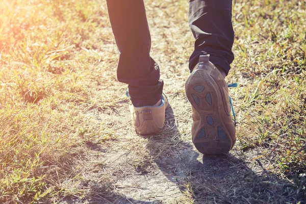 Vrouw voeten, wandelen in het woud — Stockfoto