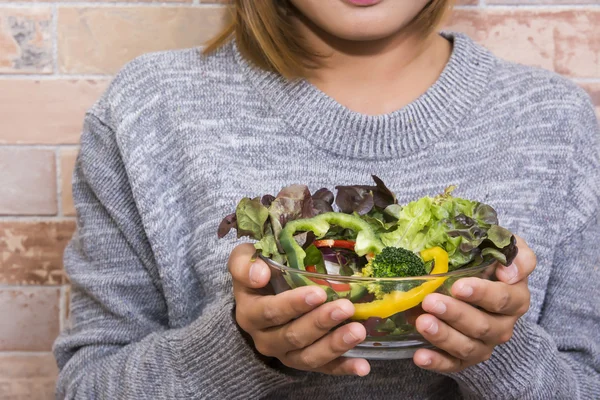 Mulher bonita segurando uma tigela de salada vegetariana fresca — Fotografia de Stock