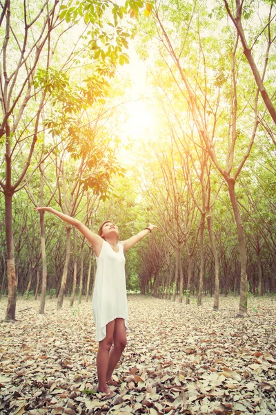 Happy krásná mladá žena spráskla ruce v lese enjo — Stock fotografie