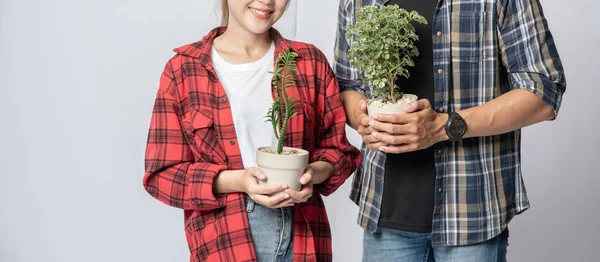 Männer Und Frauen Stehen Und Halten Pflanztöpfe Haus — Stockfoto