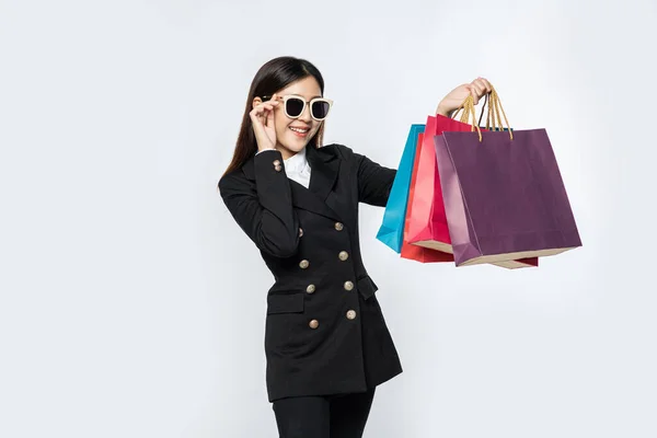 Woman Wore Black Clothes Glasses Many Bags Shopping — Stock Photo, Image