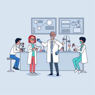 Bilim araştırma laboratuvarı. Laboratuvar ekipmanlarıyla çalışan profesyonel bilim adamları. Vektör illüstrasyon düz tasarım.