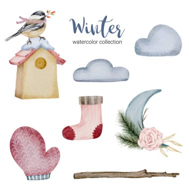 Ev kullanımı için ögelerle birlikte kış suluboya koleksiyonu.