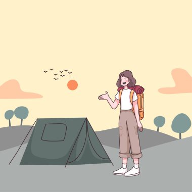 Genç sırt çantalı kadın karikatür karakteri, düz vektör illüstrasyonuyla doğa ormanlarında kamp yapmaya hazırlanıyor.