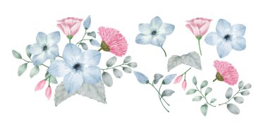 Çeşitli kartlara ve tebrik kartlarına eşlik etmesi için suluboya boyayla boyanmış bir çiçek seti. vektör çizimi düz tasarım