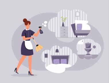 Temizlikçiler tuvaletler, oturma odaları ve soyunma odaları gibi sorumlu bölgeleri süpürüyorlar. vektör çizimi düz tasarım