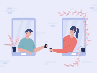 Coronavirus covid 19 salgını hastalığı yayma riskini birbirine yaklaştırdı. Telefon iletişimi riski azaltır. Ve hala bir ilişki sürdürüyorlar. düz resimleme