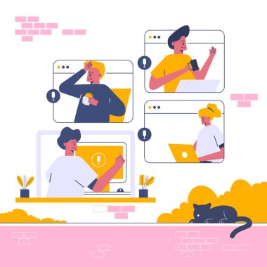 Çalışma ve çevrimiçi toplantı web şablonu, cep telefonu, iniş sayfası, şablon, UI, web, mobil uygulama, poster, afiş, düz vektör resimleme için karikatür biçimi ekran ağı şablonu
