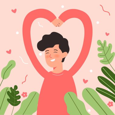 Genç kız ve oğlanın büyük, izole edilmiş çizgi film taşıyıcısı, çiftlerin aşkı paylaşması ve önemsemesi, açık renk arka planı, illüstrasyon