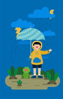 Yağmurlu bir günde yağmurluk giyen ve bahçede şemsiye tutan güzel bir kız çizgi film karakteri tarzı düz vektör çizimi yapıyor.