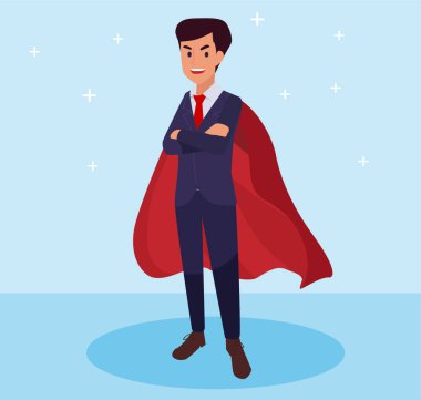 Üst katta duran süper iş adamı ya da yönetici. Süpermen kafası, vektör, illüstrasyon. Açılış Konsepti.