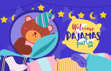 Pijama partisine katılmak için davetiye. Pijama partisine hoş geldiniz. Güzel pijamalar hazırlayın. Yastıklarınızı ve destekçilerinizi savaşa hazırlayın.. 