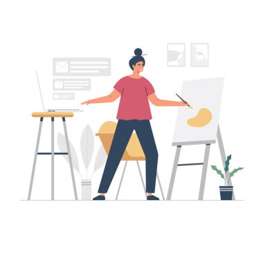 Bir sanatçı sanatını çeşitli şekillerde icra eder. Bir evin içinde düz vektör çizimi.