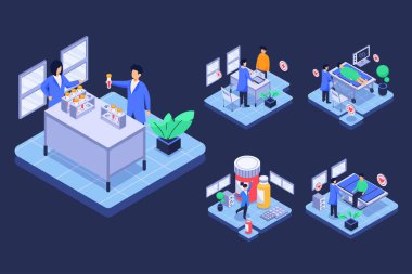 Laboratuvarda araştırma yapan Isometic Doctors çizgi film karakteri ve tıp konseptiyle tedavi görmek isteyen hasta. düz Vektör illüstrasyonu 