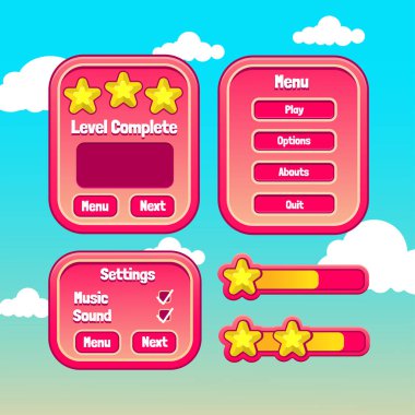 Vektör oyun şablon kiti. Web, mobil oyunlar ve uygulamalar için arayüz günlüğü. Vektör karikatür şablonu