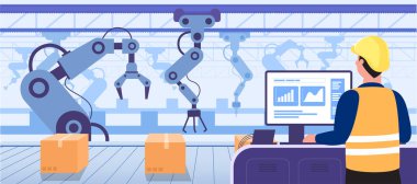 İnsan yapımı bilgisayar kullanarak procuction sektöründe çalışan robot kolları kontrol eder. Akıllı fabrika endüstrisi 4.0, yüksek teknoloji makineleri, izole edilmiş düz çizimler.