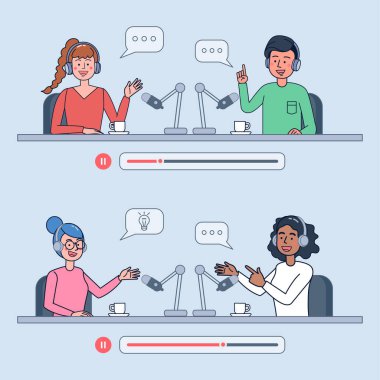 Podcastlar egzotik, bilgili ve kendini geliştirmiş insanlar arasında popülerdir. İnternet radyosu, podcast kayıt ve dinleme konsepti düz çizim vektör tasarımı