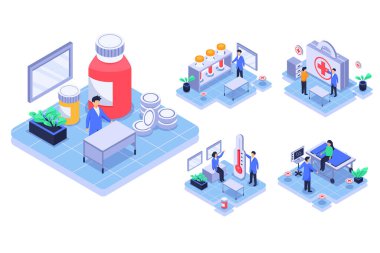 Laboratuvarda araştırma yapan Isometic Doctors çizgi film karakteri ve tıp konseptiyle tedavi görmek isteyen hasta. düz Vektör illüstrasyonu 