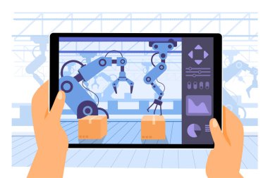 İnsan kullanım tableti uygulaması bilgisayar olarak akıllı fabrika endüstrisi 4.0 'da procuction konvoyunda çalışan robot kolları kontrol etmek için kullanılıyor, yüksek teknoloji makineleri, izole edilmiş düz çizimler