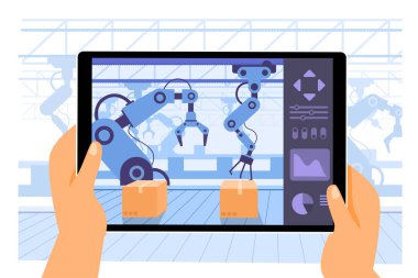 Human use tablet application as computer to control the robot arms working in procuction convoyed in the smart factory industry 4.0, high tech machinery, isolated flat illustration clipart